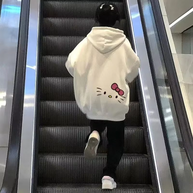 Y2K Tarzı Hello Kitty Beyaz Ön-Arka Baskılı Sweatshirt