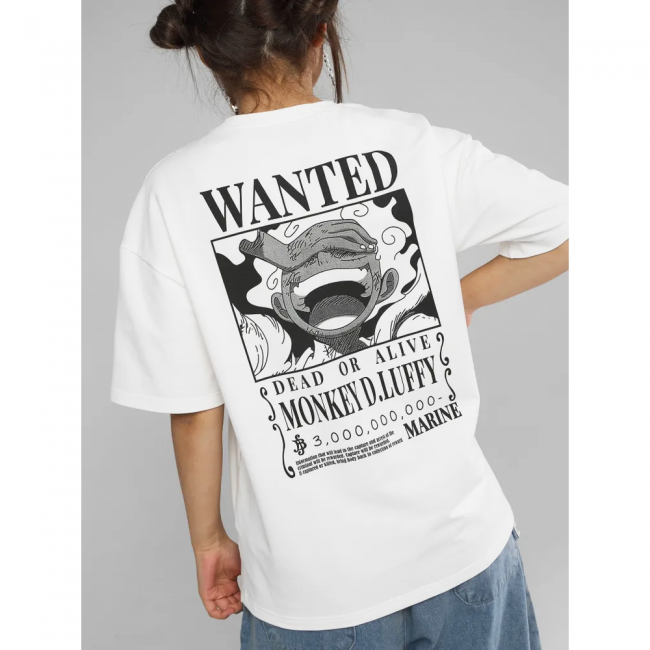 Anime One Piece Luffy Wanted Ön Arka Baskılı Beyaz T-shirt